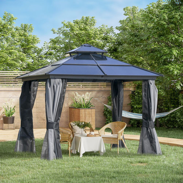 3x3m Hardtop Gazebo Canopy Double-Tier Steel Frame, Curtains & Net