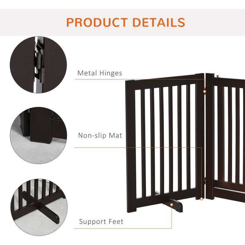 PawHut Freestanding Dog Gate Wood Doorway Safety Pet Barrier Fence Foldable w/Latch Support Feet Deep Brown, 155 x 76 cm