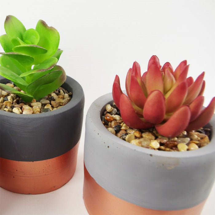 Premium 14cm Stoneware Mini Copper Band Planters w/ Artificial Succulents - Set of 3