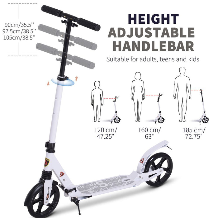 HOMCOM Folding Kick Scooter 2 Big Wheels Teens Adult 14+ Adjustable Ride On White