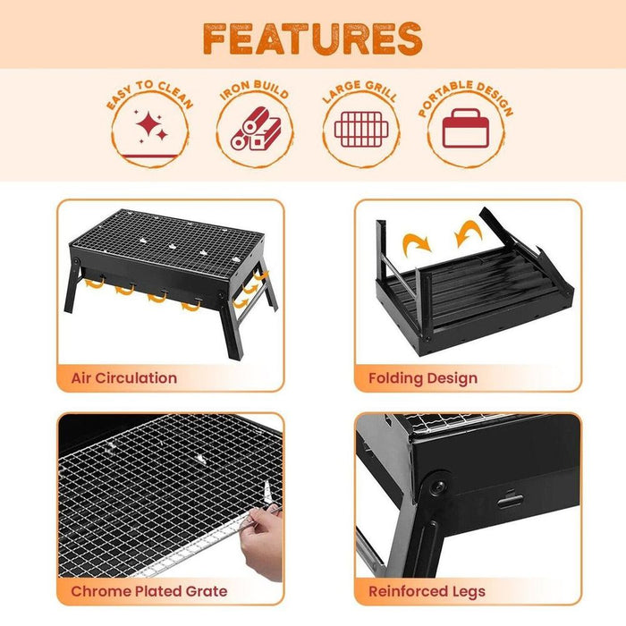 FOLDING BBQ SET - Height Adjustable Grill, Easy to Assemble, Handles for Portability - Ideal for Camping/Outdoor - Up to 4 Persons - Dimensions: 34x26x7cm