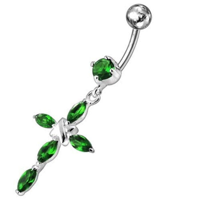 Jeweled Fancy Silver Flower Dangling SS Bar Banana Belly Ring