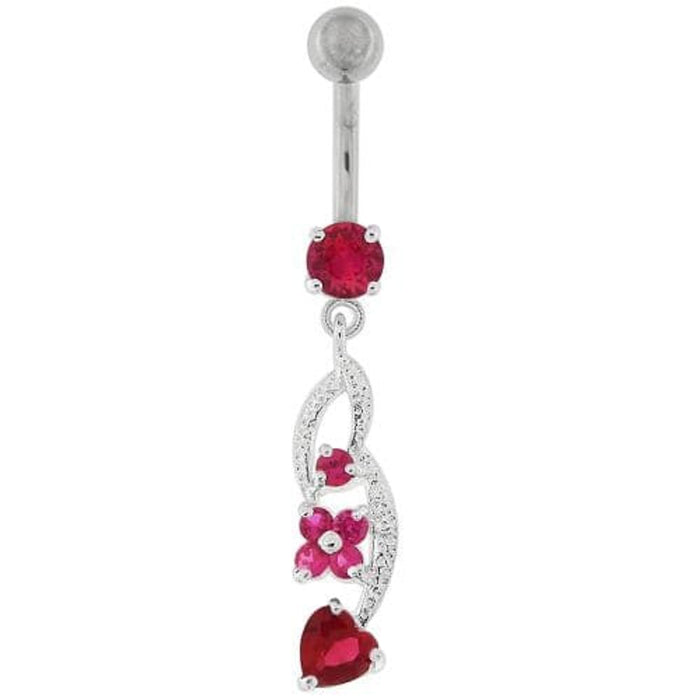 Flower with Heart Dangling Navel Belly Button Ring