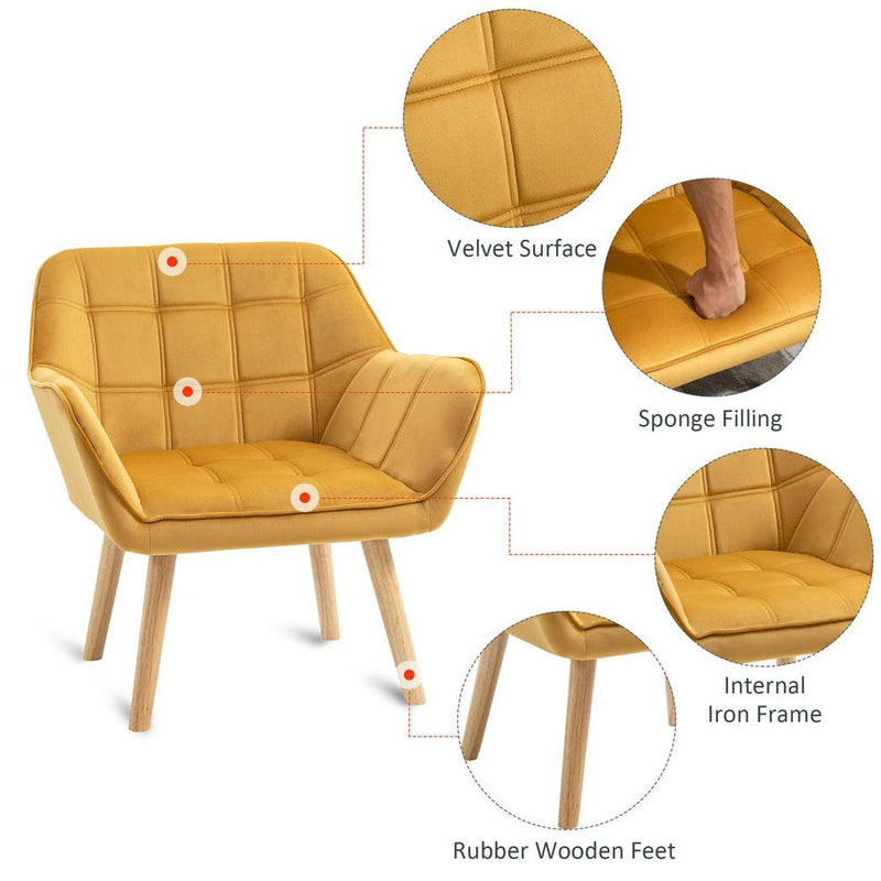 Luxe Velvet-Feel Accent Chair: Wide Arms, Slanted Back, Yellow