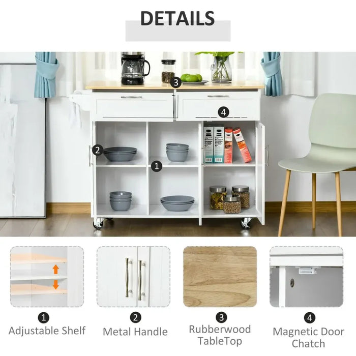 Portable Kitchen Island Cart: 2 Drawers, 3 Cabinets, White - Store & Organize with Ease!