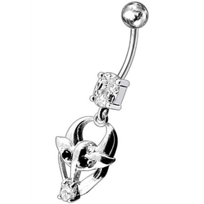 Fancy Jeweled Gothic Skull Silver Dangling With SS Bar Belly Ring