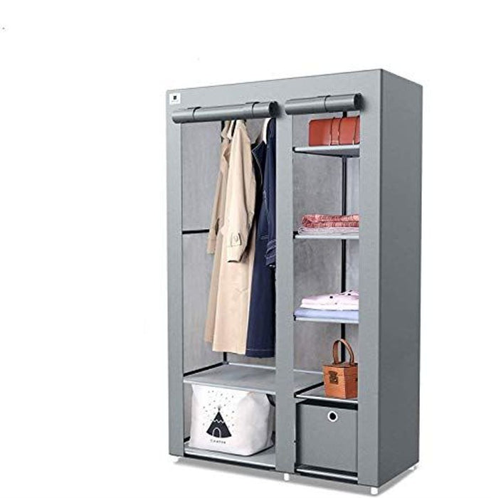 Portable Knight Double Canvas Wardrobe Shelving Clothes Storage - Hanging Rail & Drawer Included - L110cm x W45cm x H175cm - Grey