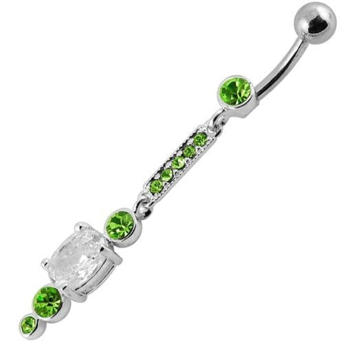 Silver Jeweled Fancy Dangling SS Bar Banana Navel Ring