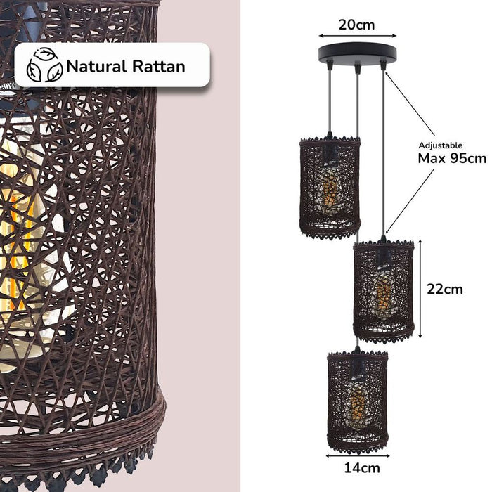 Vintage 3 Head Rattan Pendant Light Shade | Natural Wicker | Ceiling Lamp | E27 Bulb | Dimmable