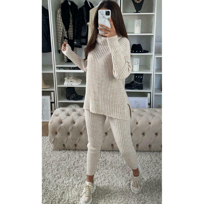 Ladies Chunky Knitted Ribbed Polo High Neck Top Leggings Loungewear Suit Set