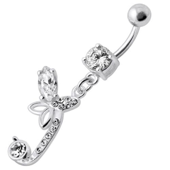 Sterling Silver Fancy Butterfly Jeweled Dangling Curved Bar Belly Ring