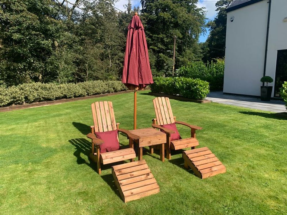 Aidandack Style Set - High Quality, Hand Finished Patio Furniture Made in Britain! Includes 2 Chairs, Footstalls, and a Drinks Table. Rustproof and Rot Free. White Glove Delivery. 10 Year Guarantee.