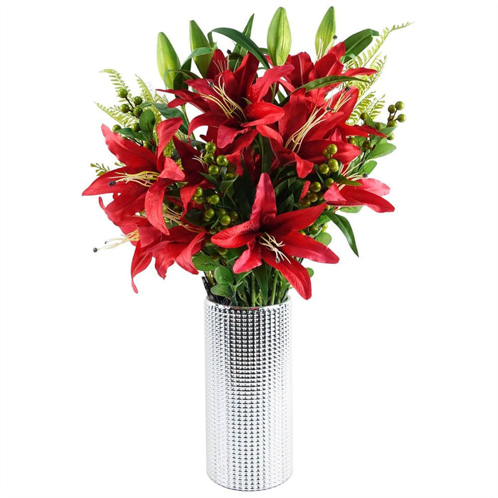 70cm Red Lily Display Silver Glass Vase - Artificial Flowers Arrangement with Fern and Green Berry Spray