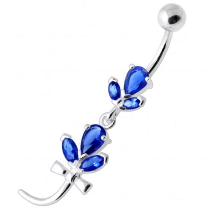 Tri Gems with tail Dangling Silver Belly Ring