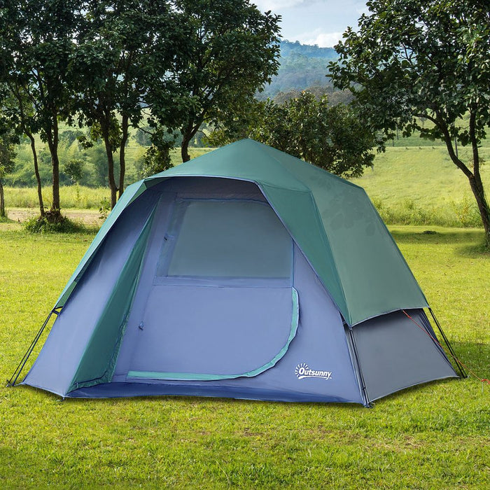 Outsunny Pop up 3 Person Family Camping Tent Waterproof Dome Lightweight Ventilated Easy to Assemble Large Door + 4 Windows Dim. 2.5L x 1.94W x 1.6H m Fibreglass Polyester Oxford Blue Green