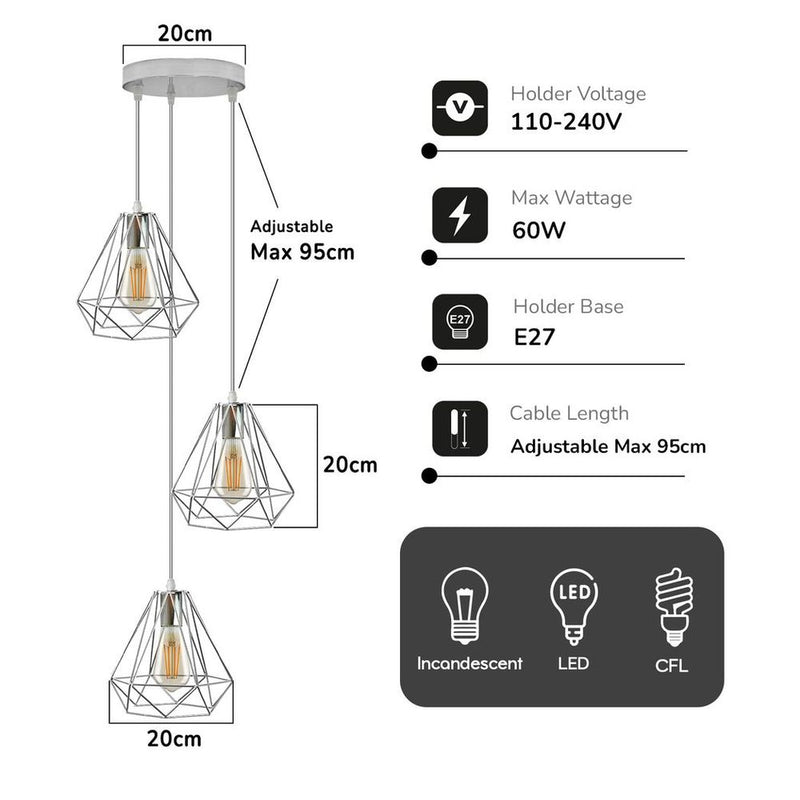3 Head Round Base Chrome Vintage Metal 20cm Diamond Wire Cage E27 Base Ceiling Pendant Light Fitting