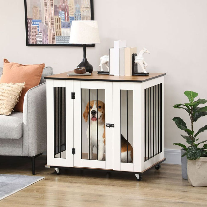 Stylish White Dog Crate Furniture w/ Wheel - 80 x 60 x 76.5cm - Perfect for Medium Dogs - Multipurpose Side Table & Safe Haven