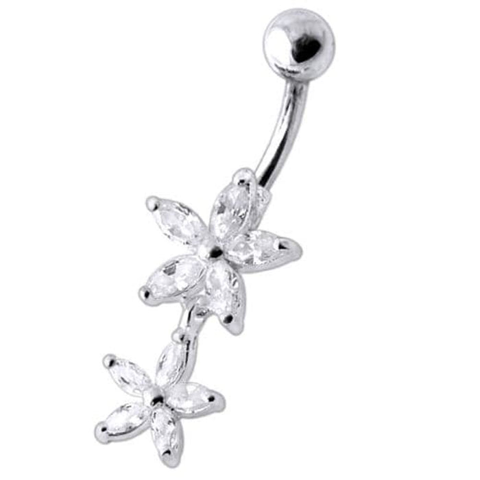 Double Flower Jeweled Dangling Belly Ring