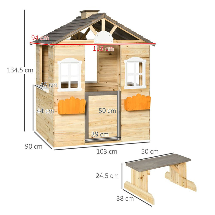 Spacious Wooden Kids Playhouse w/ Door, Windows, Bench - Ages 3-7