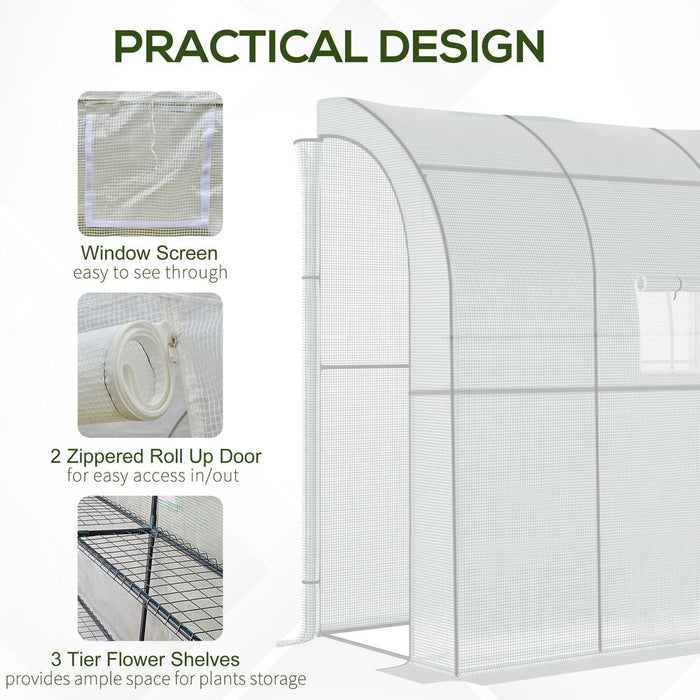 Walk-In Leanto Greenhouse Windows Doors 2 Tiers 4 Shelves 200x100x213cm White