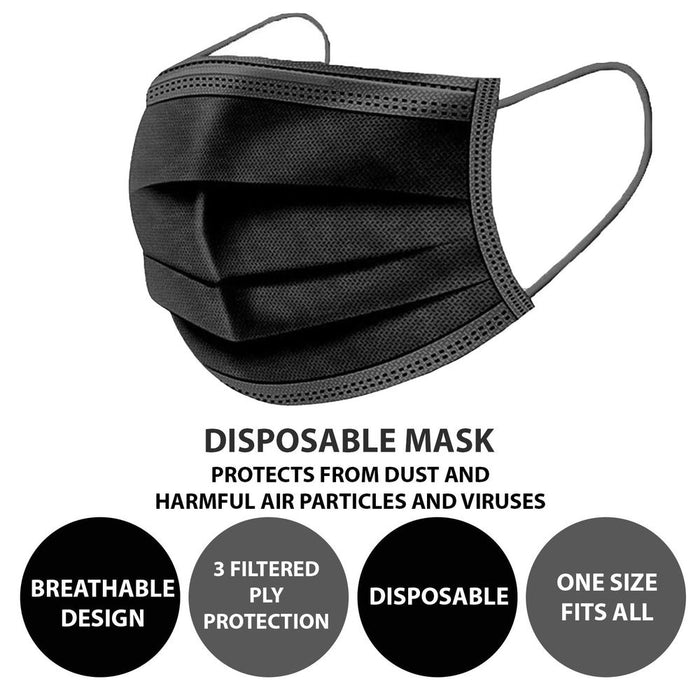 25Pk Disposable Face Masks BLACK | High Filtration, Water Resistant | PMS-755017 | AS-05237