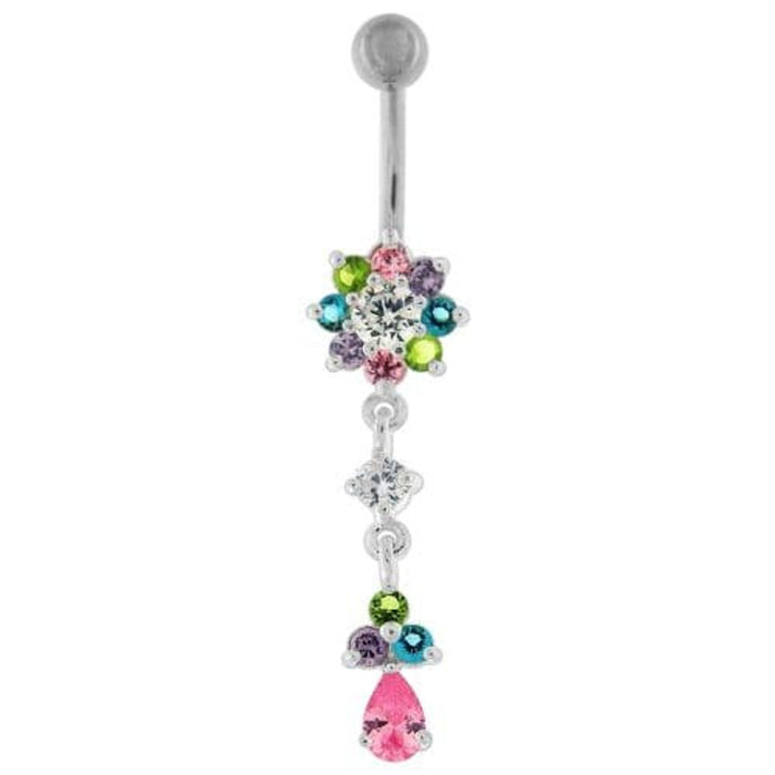 Fancy Jeweled Flower Dangling Curved Bar Belly Ring