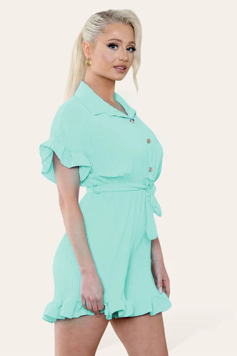 Pleated Ruffle Shirt Short Playsuit With Frill Hems