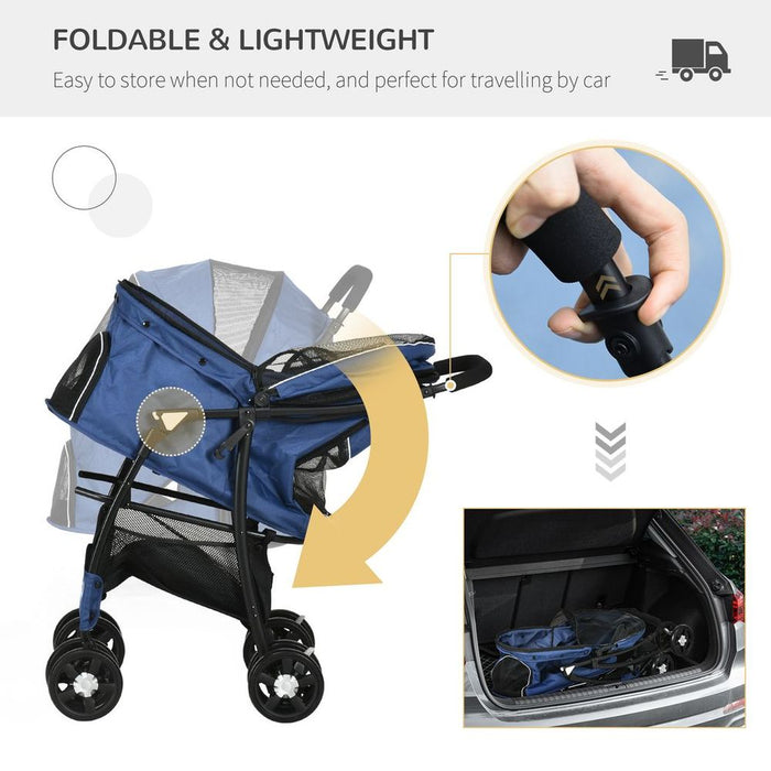 PawHut Foldable Dog Stroller w/ Large Carriage, Universal Wheels, Brakes - Blue