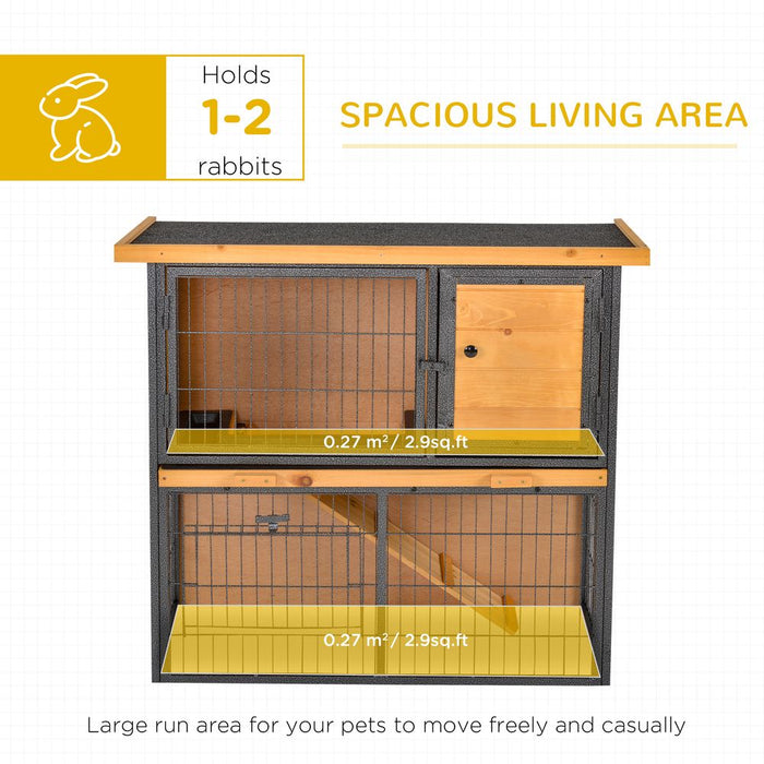 PawHut Wood-metal Rabbit Hutch Guinea Pig Hutch Elevated Pet House Bunny Cage with Slide-Out Tray Openable Roof Outdoor 89.5 x 45 x 81cm Light Yellow