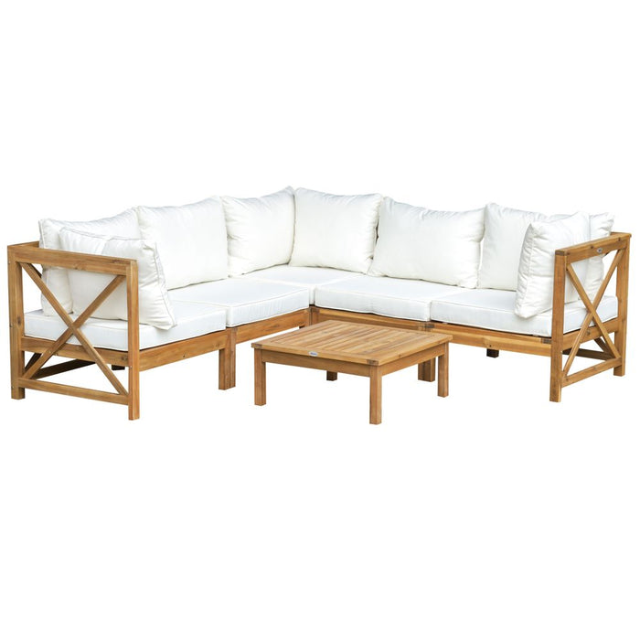 Outsunny Elegant Wood Frame Outdoor Patio Dining Set - 6 PCS, Cushions, Coffee Table