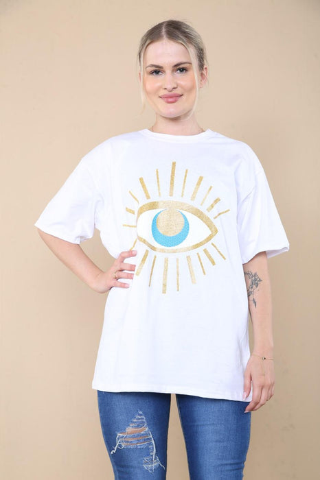 LADIES SEQUIN EYE PRINTED OVERSIZED SHORT SLEEVE T SHIRT TOP