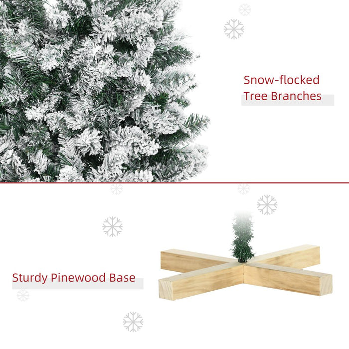 HOMCOM 6 Ft Snow Flocked Artificial Christmas Tree, Xmas Pencil Tree with Realistic Branches, Auto Open, Pinewood Base, Green