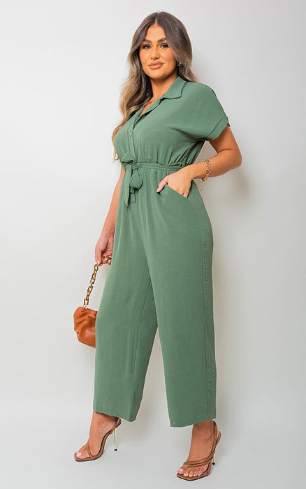 Casual Tie Waist Short Sleeve Jumpsuit - Effortlessly Chic and Versatile!