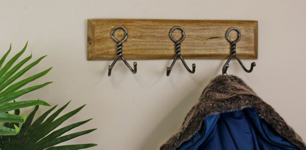 Industrial Rustic Metal Hooks on Wooden Base - Set of 3