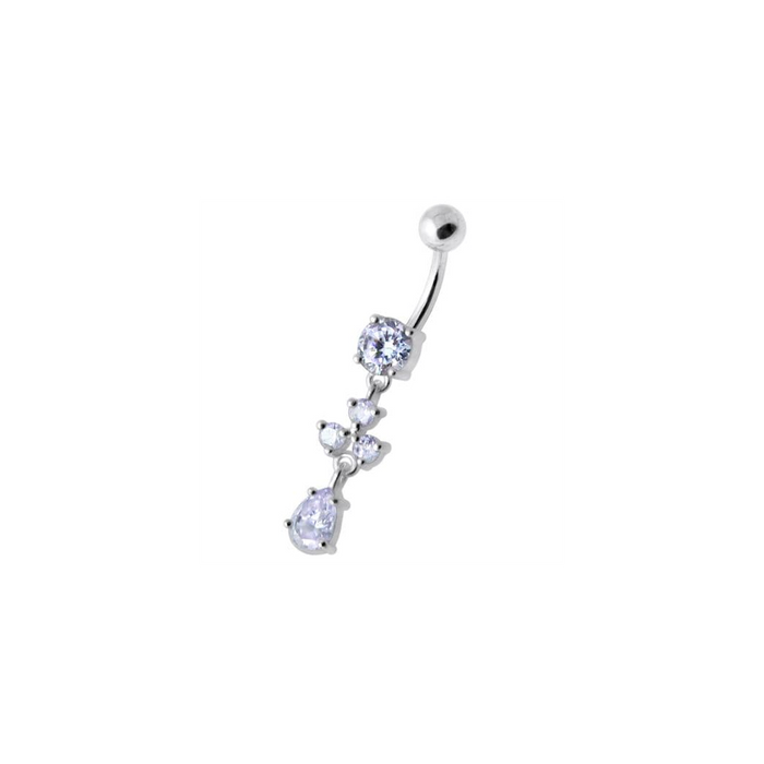 Tri Round Jeweled Dangling Silver Belly Bar