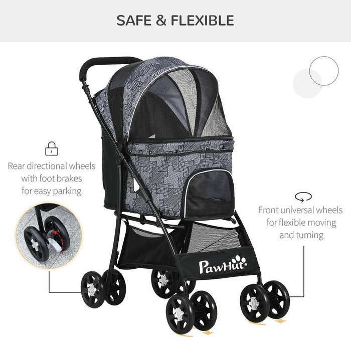 PawHut Foldable Dog Stroller - Large Carriage, Universal Wheels, Brakes - Grey