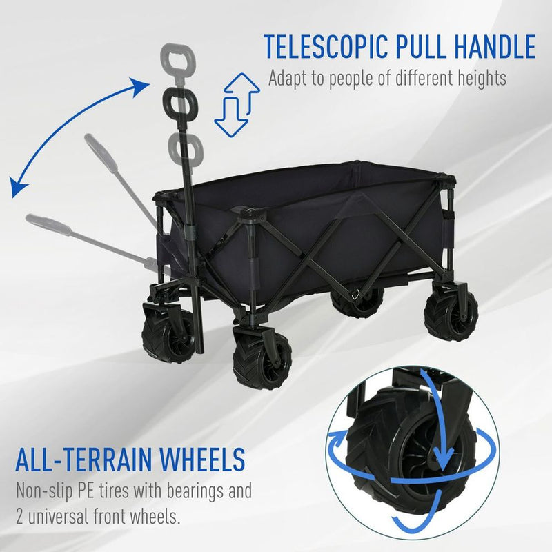 Outsunny Outdoor Pull Along Garden Trolley on Wheels Folding Beach Cart Black