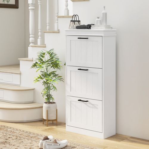 HOMCOM Slim Shoe Storage Cabinet with 3 Flip Drawers for Entryway, White
