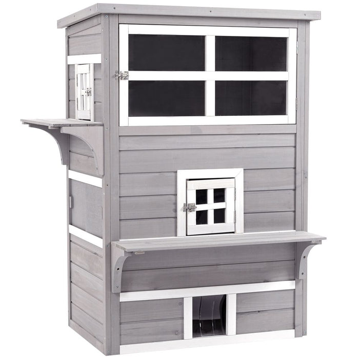 Premium PawHut Cat Shelter: 3 Tier Wooden, Indoor/Outdoor, Grey