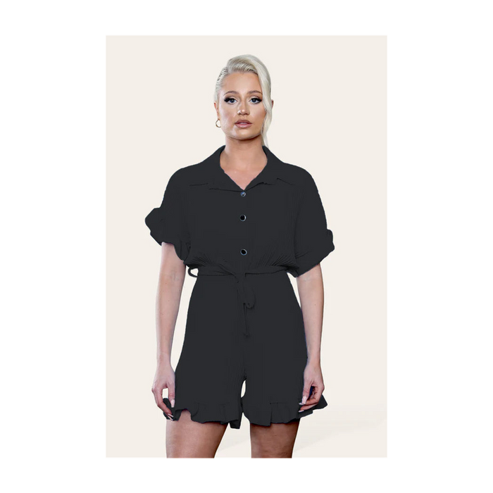 Pleated Ruffle Shirt Short Playsuit With Frill Hems