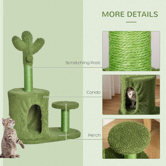 PawHut 78cm Cactus Cat Tree Tower with Scratching Post Condo Perch, Kitten Activity Centre for Indoor Cats with Toy Ball