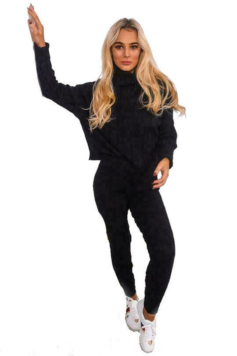 Ladies Chunky Knitted Ribbed Polo High Neck Top Leggings Loungewear Suit Set