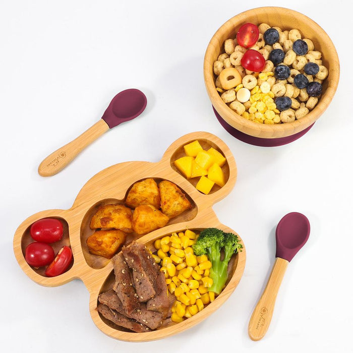 Premium Bamboo Monkey Plate Set – 4-Sectioned Plate, Bowl, & Spoon – Non-slip Base – Food-Grade Silicone – Easy to Clean