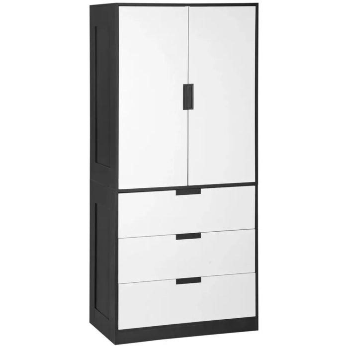 2 Door Wardrobe Modern Wardrobe with 3 Drawer and Hanging Rod for Bedroom White