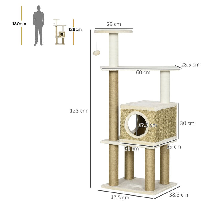 PawHut Cat Tree Climbing Kitten Tower Activity Centre for Indoor Cats w/Jute Scratching Post, Cat House, Kitten Stand, Hanging Toy Ball - Beige