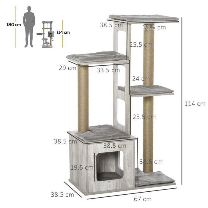 Top-Quality PawHut 114cm Cat Tree Tower w/ Scratching Posts & Cat House - Grey