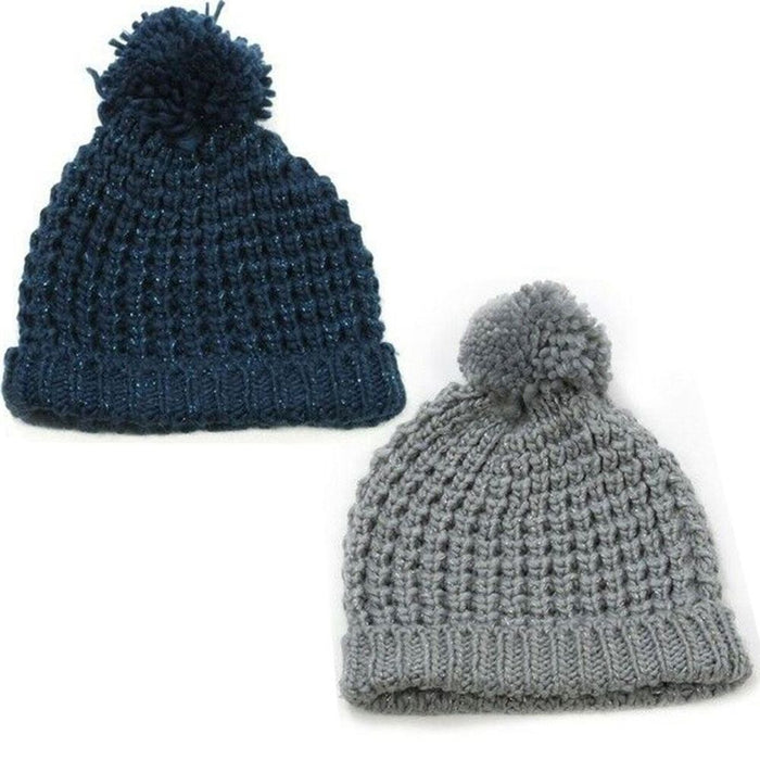 Stylish Ladies Winter Knitted Beanie with Pom Pom - Grey or Blue