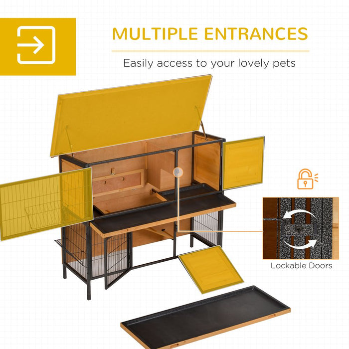 PawHut 2 Tier Wooden Rabbit Hutch Guinea Pig Hutch Bunny Cage Metal Frame Elevated Pet House with Slide-Out Tray Feeding Trough Ramp Lockable Door Openable Roof Light Yellow 122 x 50 x 101cm