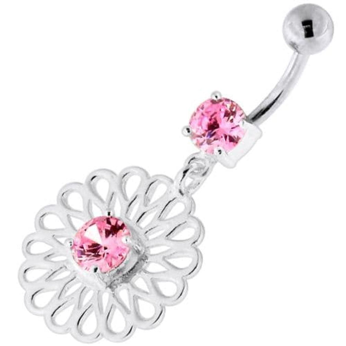 Center Jeweled Fancy Flower Pattern Navel Belly Piercing