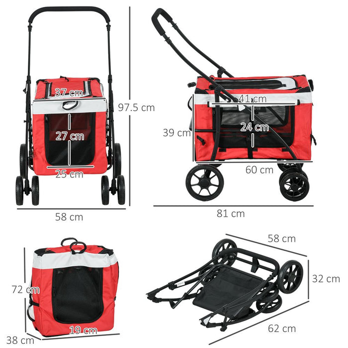 Ultimate Foldable Pet Stroller: Red, Detachable Carrier, Soft Padding - Perfect for Active Pet Owners!